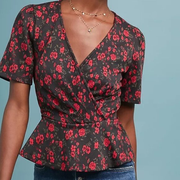 Meadow Rue Anthropologie Heartland Floral Peplum Top Black Red Women's Size XS - Picture 1 of 7